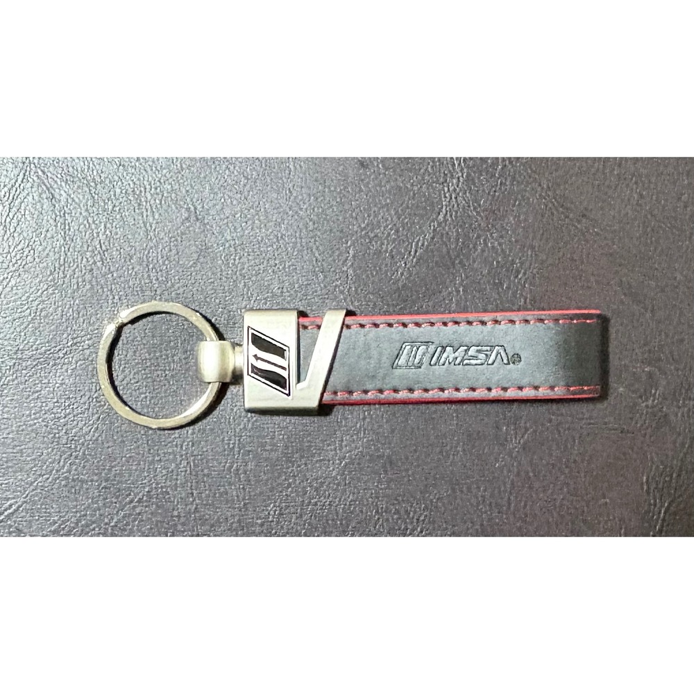 IMSA Leather Keychain Black Red Stitching Racing Automotive Key Ring Accessory